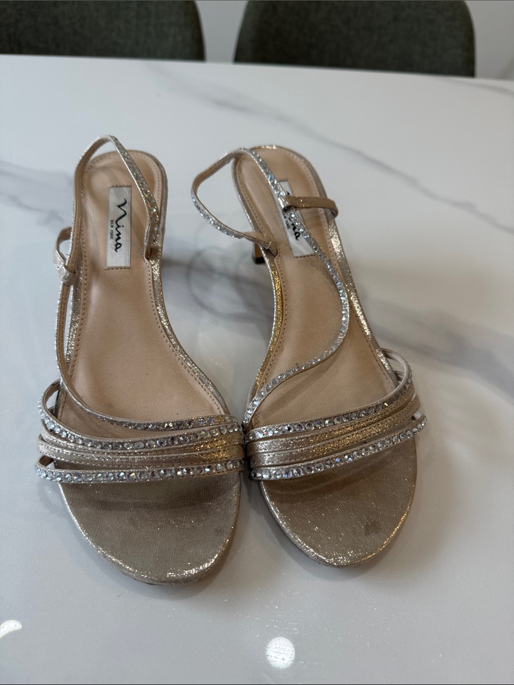 Nina Gold Slingback Heels with Rhinestone Straps - size 10